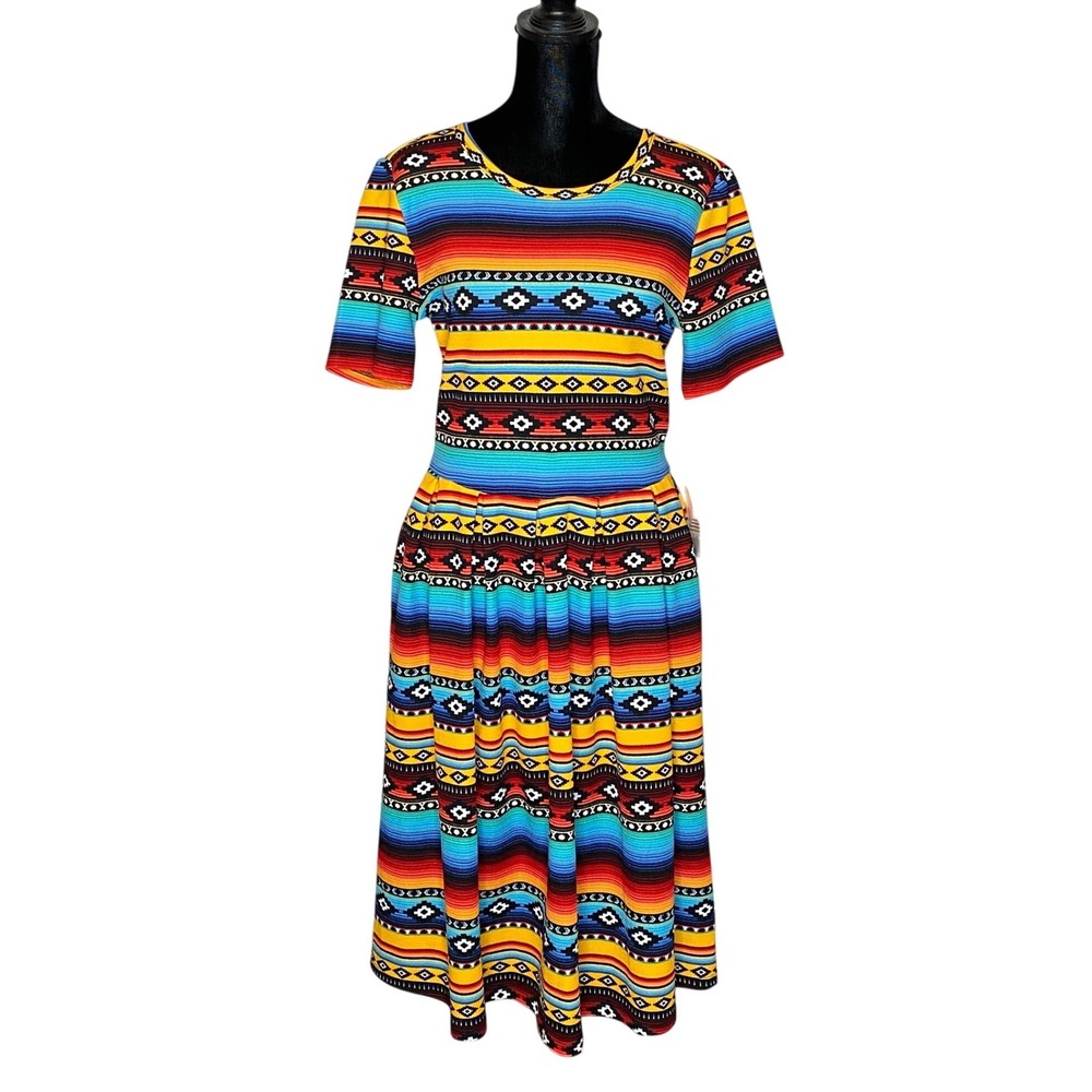 LuLaRoe Amelia Dress Size Small Southwestern Serape Aztec Fit Flare Pockets NWT